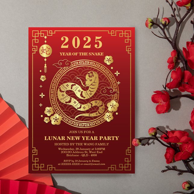 Convites Ano Novo Lunar 2025 - Ano do Cobra - 年 新 (Mark the Lunar Year 2025 with this elegant red and gold invitation.)
