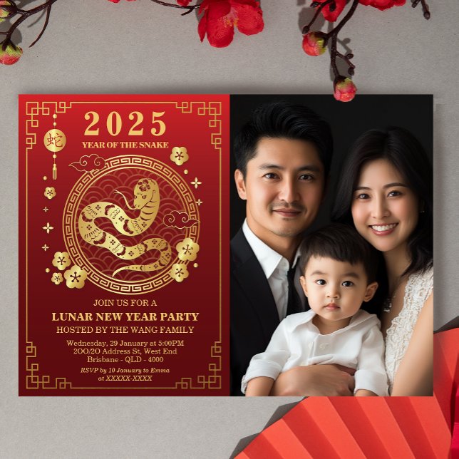 Convites Ano Novo Lunar 2025 - Ano do Cobra - 年 新 (Celebrate the 2025 Lunar Year of the snake with this elegant red and gold invitation!)