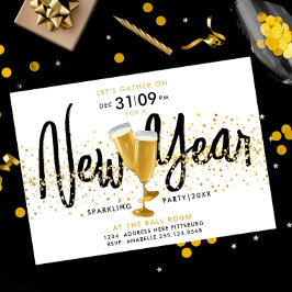 Convites Ano Novo Moderno Champanhe Dourado Confete Estilos