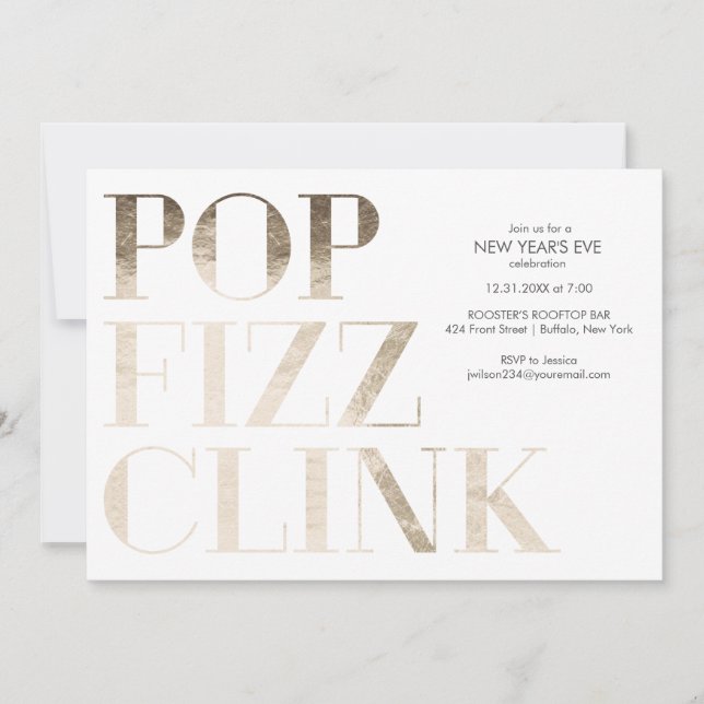 Convites Ano Novo Pop Fizz Clink Faux Dourado (Frente)