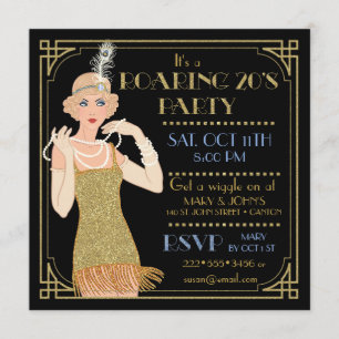 Convites Anos 20 Estonteantes Flapper Dourado Brilho Preto 