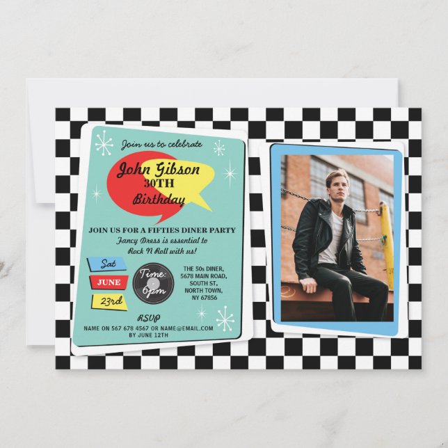 Convites Anos 50 de aniversário de 1950 Retro Rock Roll Inv (Frente)