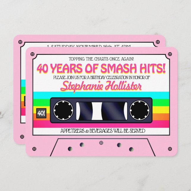 Convites anos 80 Retro Rosa Neon Label Festa de aniversário (Frente/Verso)