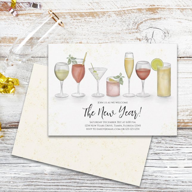 Convites Anos novos Simples Bebidas Cocktail Aquarela (Criador carregado)
