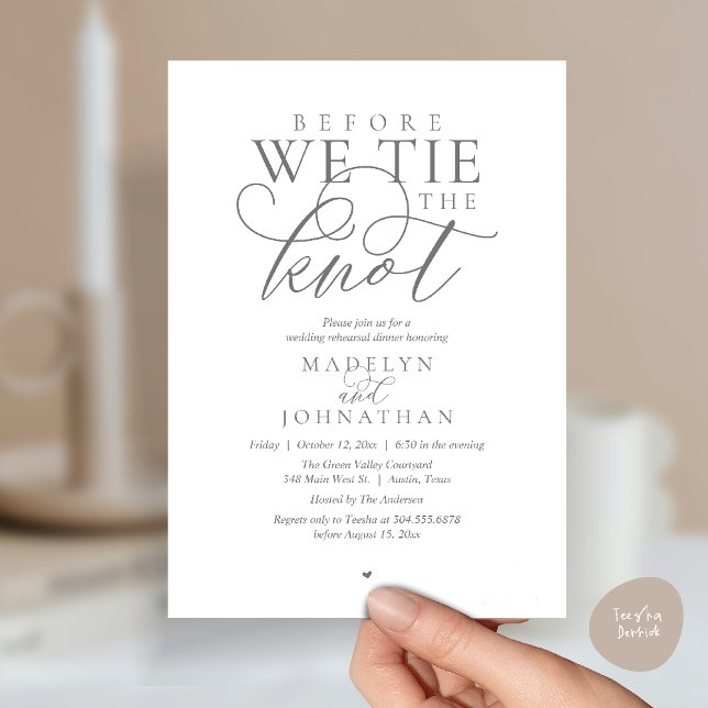 Convites "Antes de dar o nó", Jantar de Ensaio de Casamento ("Before we tie the knot", Modern Romantic Wedding Rehearsal Dinner Invites Card in Dark Grey)