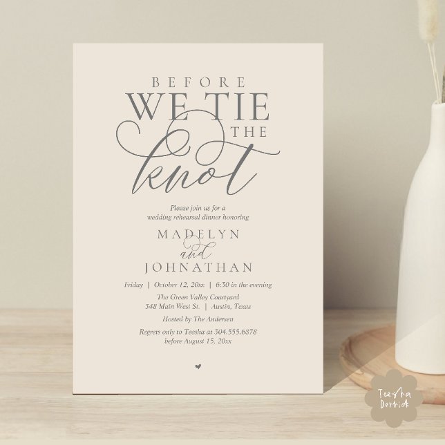 Convites "Antes de dar o nó", Jantar de Ensaio de Casamento ("Before we tie the knot", Modern Romantic Wedding Rehearsal Dinner Invites Card in Cream Grey)