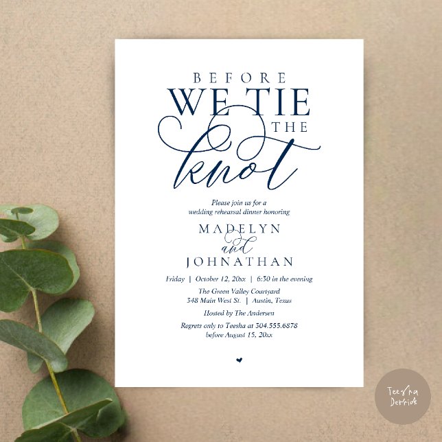 Convites "Antes de dar o nó", Jantar de Ensaio de Casamento ("Before we tie the knot", Modern Romantic Wedding Rehearsal Dinner Invites Card in Navy Blue)