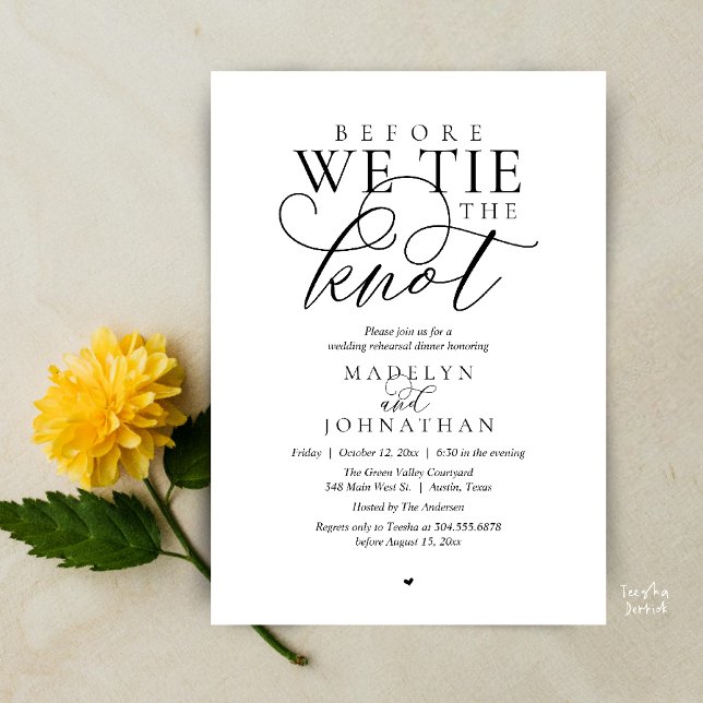 Convites "Antes de dar o nó", Jantar de Ensaio do Casamento ("Before we tie the knot", Modern Romantic Wedding Rehearsal Dinner Invites Card in black and white)
