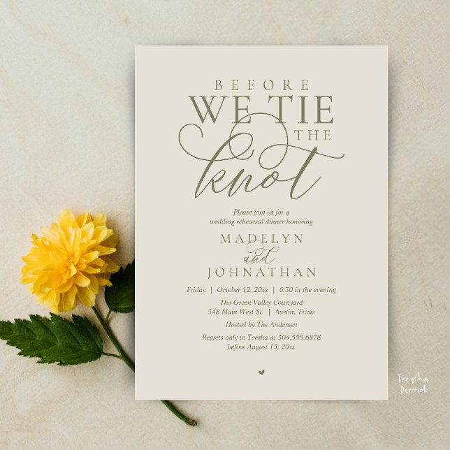 Convites "Antes de dar o nó", Jantar de Ensaio do Casamento ("Before we tie the knot", Modern Romantic Wedding Rehearsal Dinner Invites Card in Dusty Sage Cream)