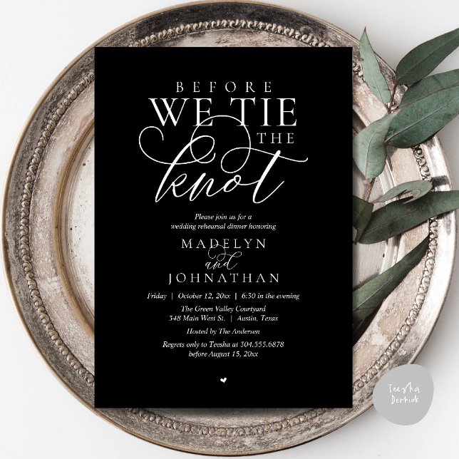 Convites "Antes de dar o nó", Jantar de Ensaio do Casamento ("Before we tie the knot", Modern Romantic Wedding Rehearsal Dinner Invites Card in Black White)