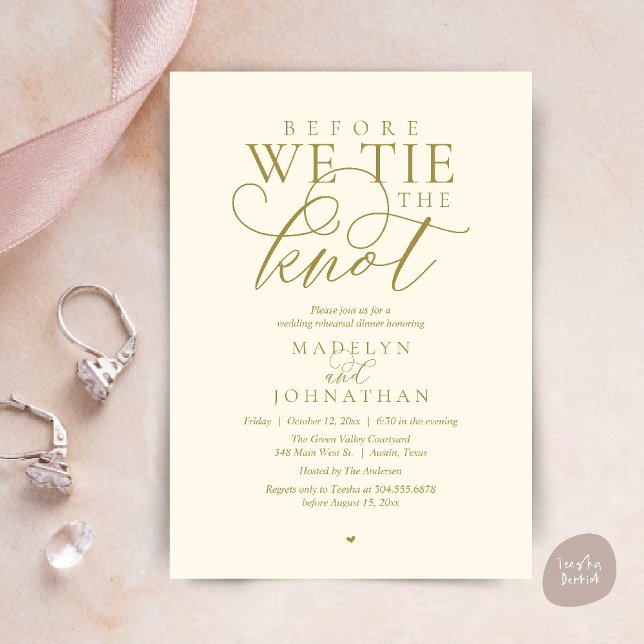 Convites "Antes de dar o nó", Jantar de Ensaio do Casamento ("Before we tie the knot", Modern Romantic Wedding Rehearsal Dinner Invites Card in Yellow Gold)