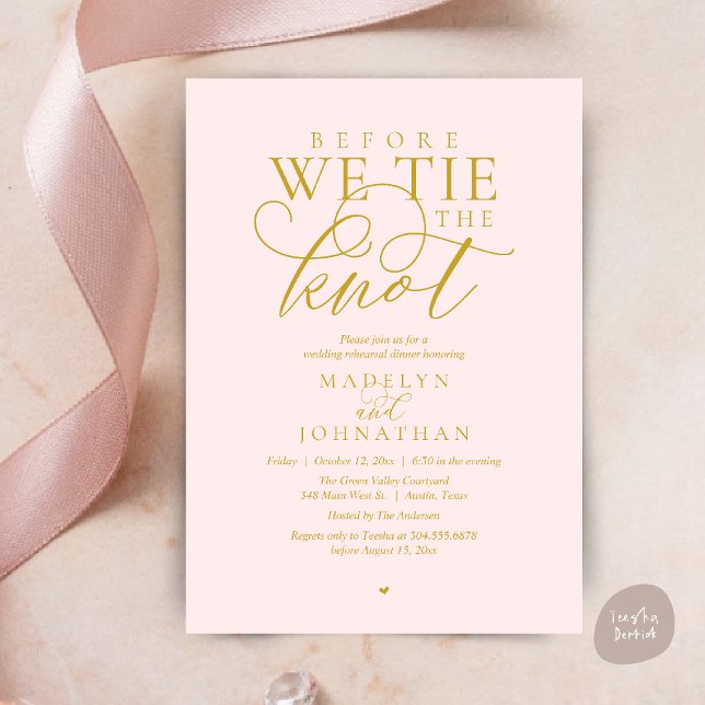 Convites "Antes de dar o nó", Jantar de Ensaio do Casamento ("Before we tie the knot", Modern Romantic Wedding Rehearsal Dinner Invites Card in Yellow Gold Blush)