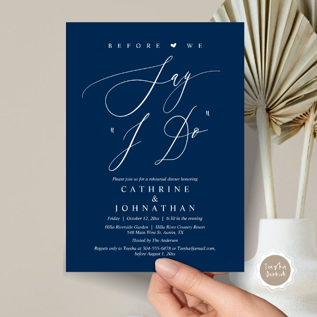 Convites Antes de dizermos "Eu faço", Janto de ensaio de ca (Before We Say "I Do", Wedding Rehearsal Dinner Invitation Card, Digital PDF JPG, in Navy Blue)
