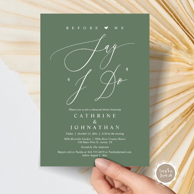 Convites Antes de dizermos "Eu faço", Janto de ensaio de ca (Before We Say "I Do", Wedding Rehearsal Dinner Invitation Card, Digital PDF JPG, Forest Sage Green)