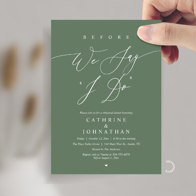 Convites Antes de dizermos "Sim", Jantar de Ensaios de Casa (Before we say "I Do", Modern Romantic Wedding Rehearsal Dinner Invitation Card in Sage Green)