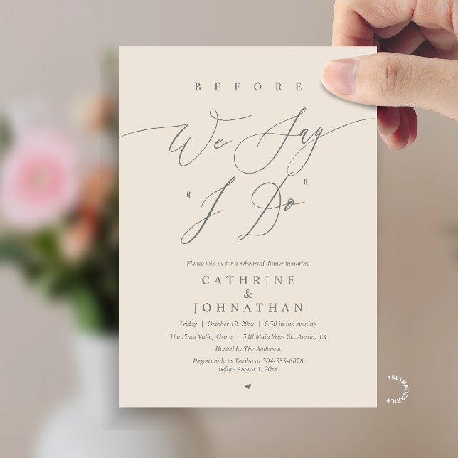 Convites Antes de dizermos "Sim", Jantar de Ensaios de Casa (Before we say "I Do", Modern Romantic Wedding Rehearsal Dinner Invitation Card in Cream Grey)