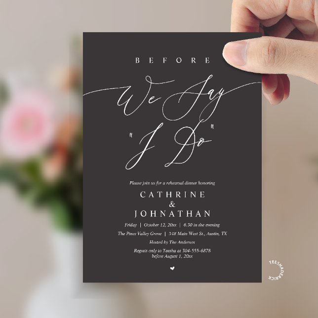 Convites Antes de dizermos "Sim", Jantar de Rehearsal de Ca (Before we say "I Do", Modern Romantic Wedding Rehearsal Dinner Invitation Card in Charcoal Grey)