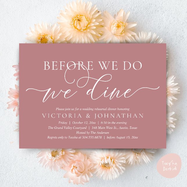 Convites Antes De Fazermos, Comemos, Janta De Ensaio De Cas (Before We Do, We Dine,  Wedding Rehearsal Dinner Party Classy Romantic Invites Card PDF Dusty Rose)