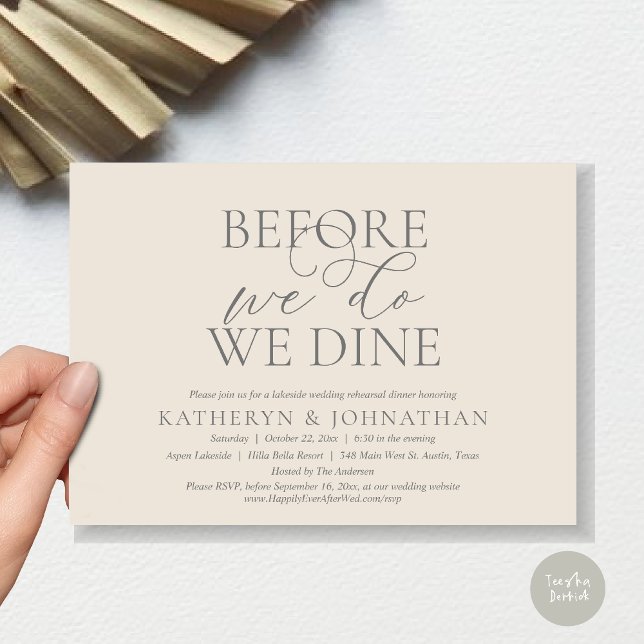 Convites Antes De Fazermos, Comemos, Janta De Ensaio De Cas (Before We Do, We Dine, Wedding Rehearsal Dinner Invitation Card, PDF, in Romantic Script, Cream Grey)