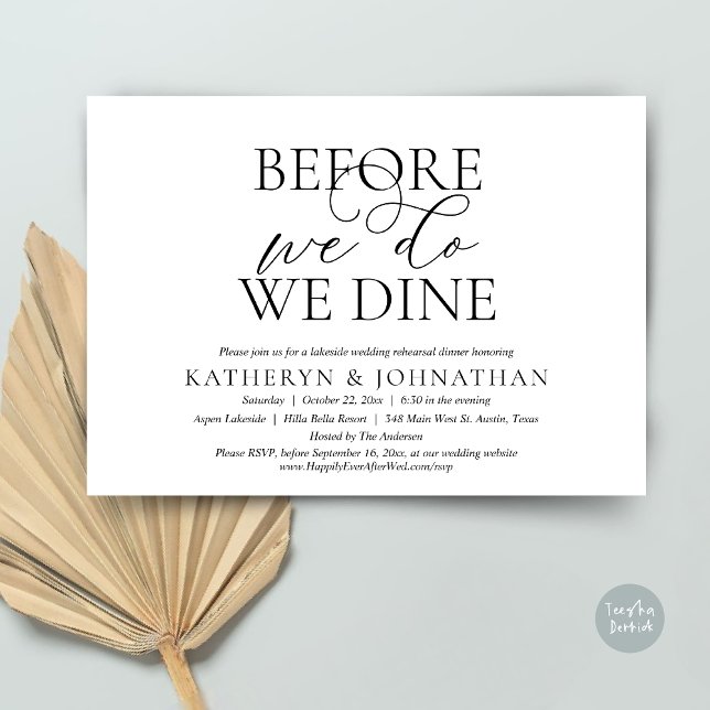 Convites Antes De Fazermos, Comemos, Janta De Ensaio De Cas (Before We Do, We Dine, Wedding Rehearsal Dinner Invitation Card, PDF, in Romantic Script, Black)