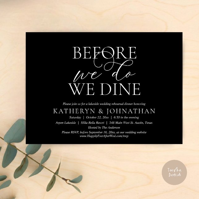 Convites Antes De Fazermos, Comemos, Janta De Ensaio De Cas (Before We Do, We Dine, Wedding Rehearsal Dinner Invitation Card, PDF, in Romantic Script, Black)