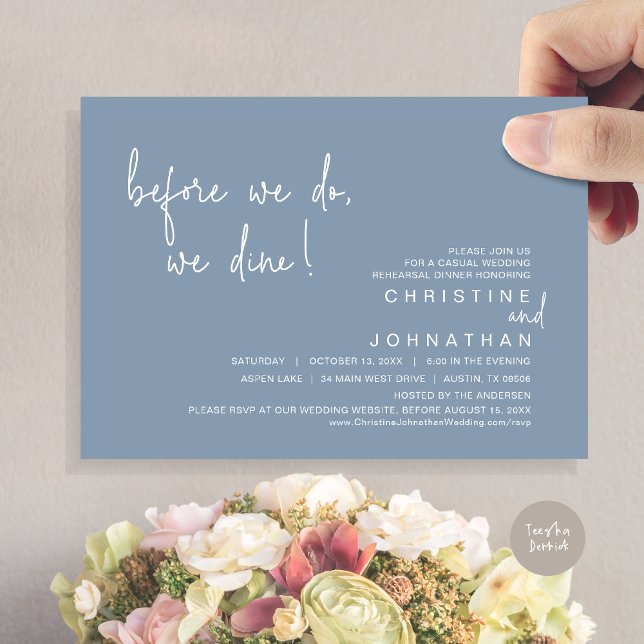 Convites Antes De Fazermos, Comemos O Janto De Ensaio, Dust (Before We Do, We Dine, Wedding Rehearsal Dinner Invitation Card, PDF, in Dusty Blue)