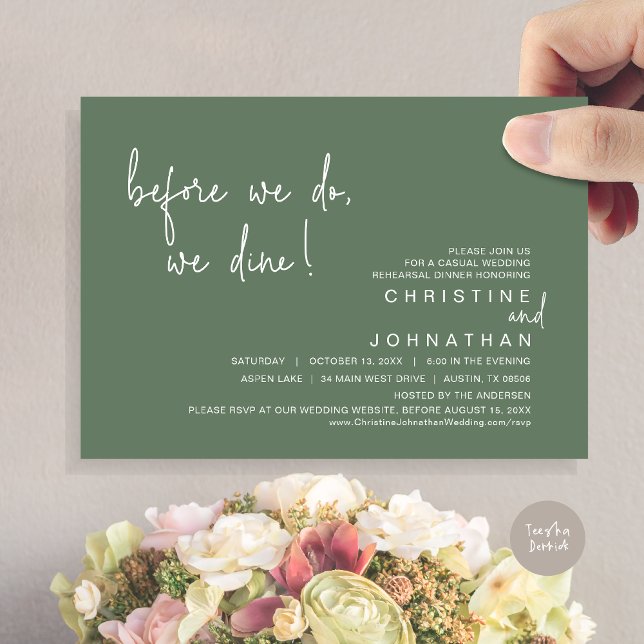 Convites Antes De Fazermos, Comemos O Janto De Ensaio, Sage (Before We Do, We Dine, Wedding Rehearsal Dinner Invitation Card, PDF, in Sage Green)