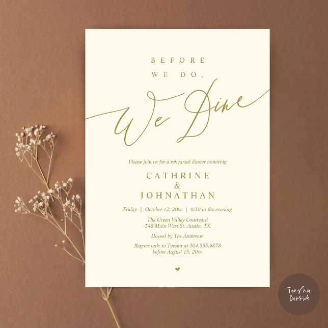 Convites Antes de fazermos isso, jantamos, Jantar de Ensaio (Before we do, we dine, Modern Elegant Romantic Rehearsal Dinner Invitation Card in Yellow Gold)