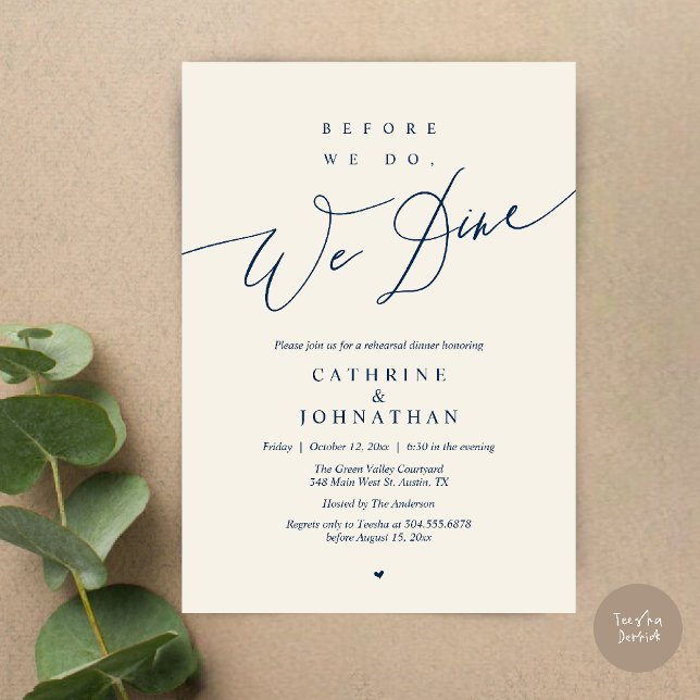 Convites Antes de fazermos isso, jantamos, Jantar de Ensaio (Before we do, we dine, Modern Elegant Romantic Rehearsal Dinner Invitation Card in Navy Blue Ivory)