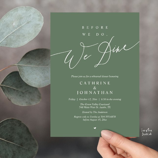 Convites Antes de fazermos isso, jantamos, Jantar de Ensaio (Before we do, we dine, Modern Elegant Romantic Rehearsal Dinner Invitation Card in Sage Green)
