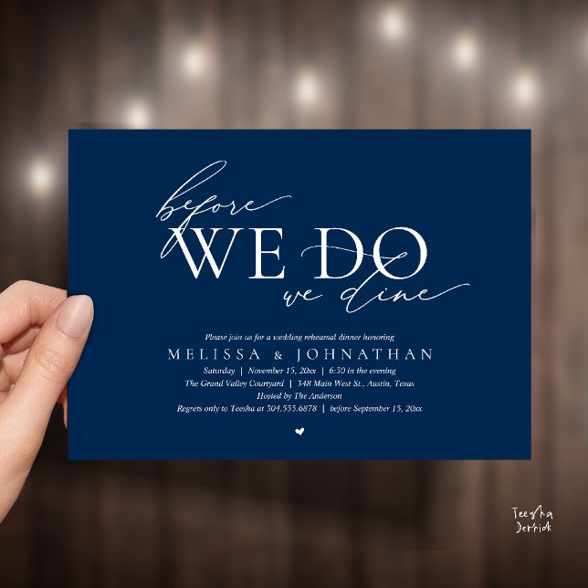 Convites Antes de Fazermos, Jantamos, Jantar de Ensaio de C (Before We Do, We Dine, Wedding Rehearsal Dinner Invitation Card Navy Blue)