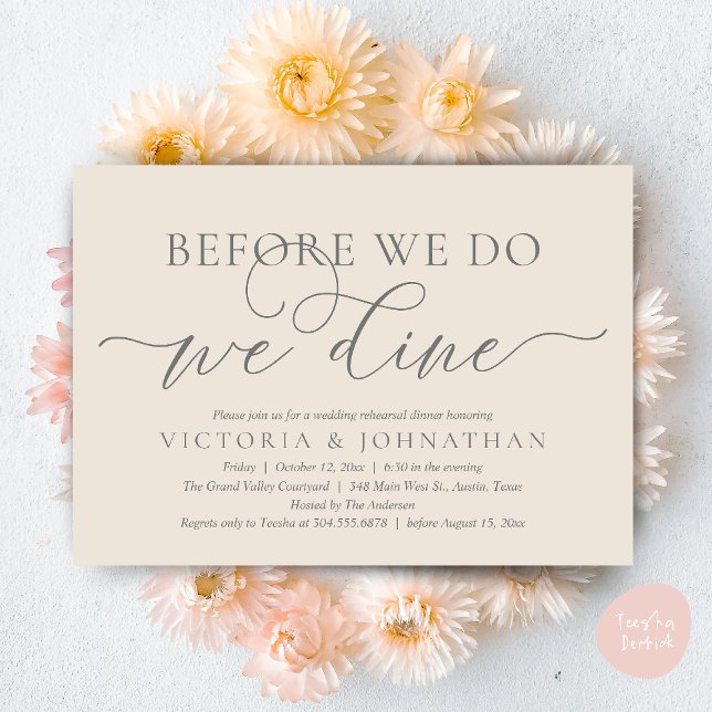 Convites Antes de Fazermos, Jantamos, Jantar de Ensaios de  (Before We Do, We Dine,  Wedding Rehearsal Dinner Party Classy Romantic Invites Card PDF Cream Grey)