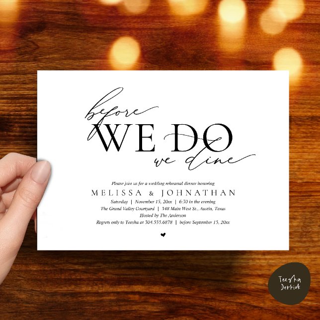 Convites Antes de Fazermos, Jantamos, Jantar de Ensaios do  (Before We Do, We Dine, Wedding Rehearsal Dinner Invitation Card Black White)