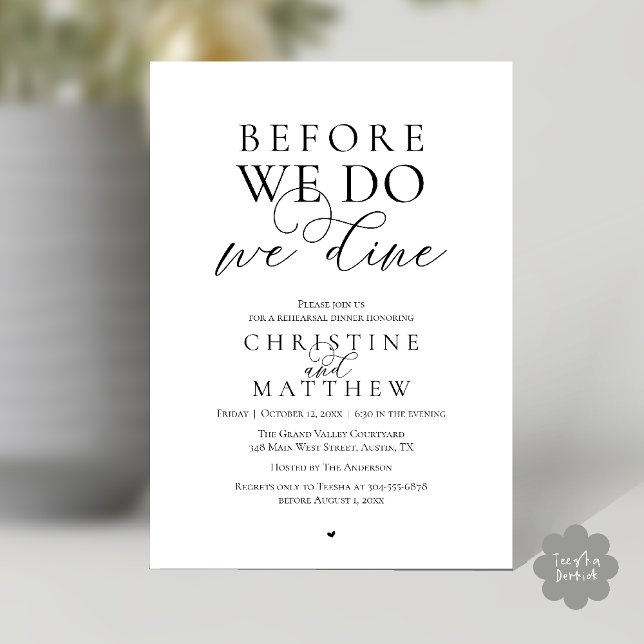 Convites Antes de fazermos, jantamos, Jantar de Ensaios Ele (Before we do, we dine, Classy Rehearsal Dinner Invitation card in Black and White)