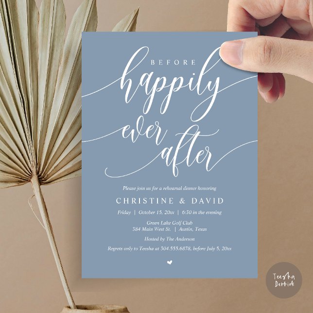 Convites Antes De Feliz Após O Janto De Ensaio De Casamento (Before Happily Ever After, Modern Wedding Rehearsal Dinner Invitation Card, PDF, in Dusty Blue)