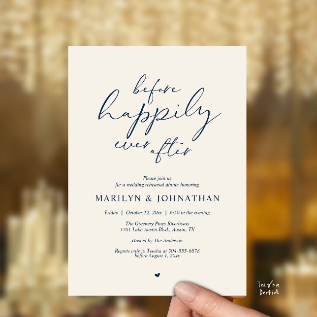 Convites Antes de Felizes para Sempre, Ensaio Romântico (Before Happily Ever After, Modern Romantic Rehearsal Dinner Invitation Card in Navy Blue Cream)