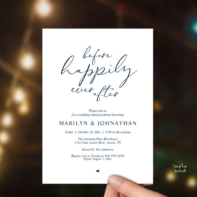 Convites Antes do Felizes Para Sempre, Ensaio Romântico (Before Happily Ever After, Modern Romantic Rehearsal Dinner Invitation Card in Navy Blue)