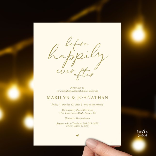 Convites Antes do Felizes Para Sempre, Ensaios Românticos (Before Happily Ever After, Modern Romantic Rehearsal Dinner Invitation Card in Yellow Gold Cream)