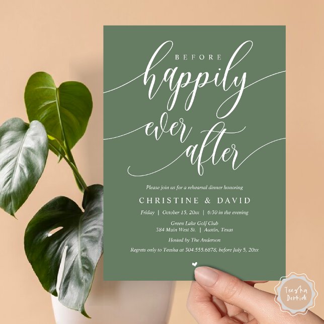 Convites Antes Feliz De Sempre, Janto De Ensaio (Before Happily Ever After, Modern Wedding Rehearsal Dinner Invitation Card, PDF, in Sage Green)