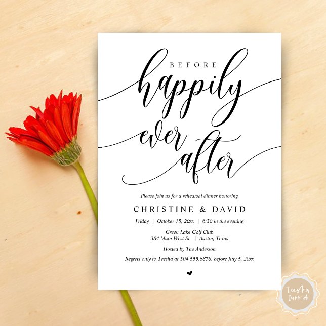 Convites Antes Feliz De Sempre, Janto De Ensaio (Before Happily Ever After, Modern Wedding Rehearsal Dinner Invitation Card, PDF, in Black and White)