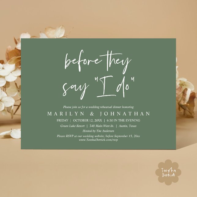 Convites Antes Que Digam "Eu Faço", Janto De Ensaio De Casa (Before They Say I Do, Rustic Modern Wedding Rehearsal Dinner Invites Card PDF Greenery Sage Green)