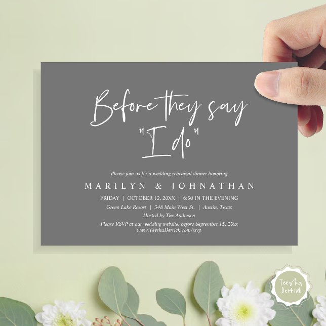 Convites Antes Que Digam "Eu Faço", Janto De Ensaio De Casa (Before They Say "I Do", Wedding Rehearsal Dinner Party Invitation Card, PDF, Grey)