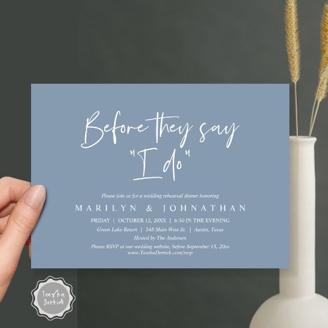 Convites Antes Que Digam "Eu Faço", Janto De Ensaio De Casa (Before They Say "I Do", Wedding Rehearsal Dinner Party Invitation Card, PDF, Dusty Blue)