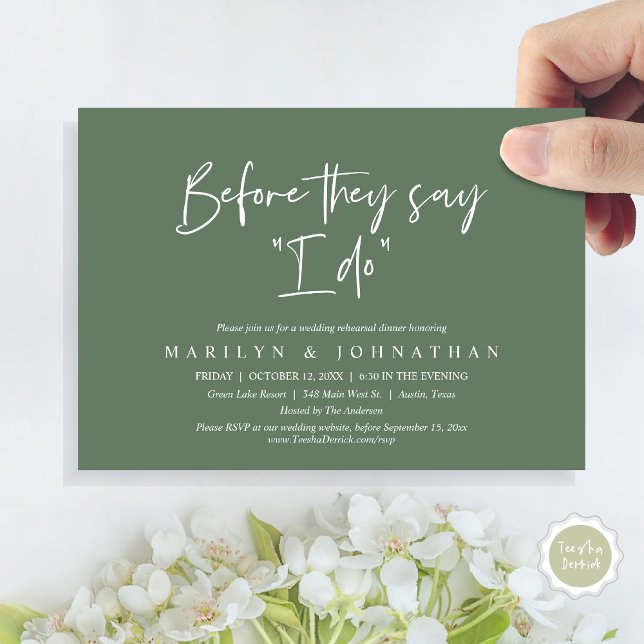 Convites Antes Que Digam "Eu Faço", Janto De Ensaio De Casa (Before They Say "I Do", Wedding Rehearsal Dinner Party Invitation Card, PDF, Sage Green Greenery)