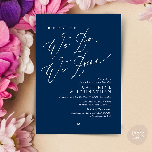Convites Antes que o façamos, jantamos, Janto de ensaio de  (Before we do, we dine, Modern Wedding Rehearsal Romantic Dinner Invitation Card PDF Navy Blue)