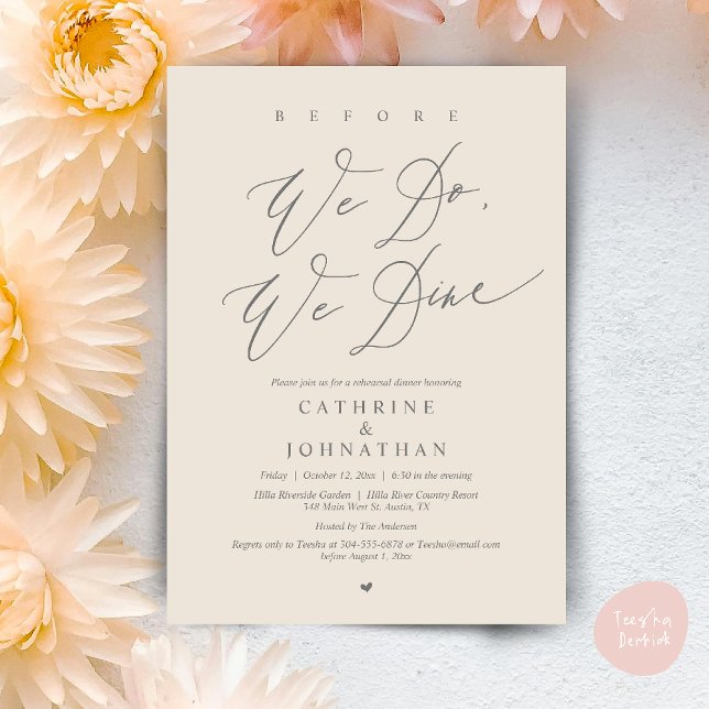 Convites Antes que o façamos, jantamos, Janto de ensaio de  (Before we do, we dine, Modern Wedding Rehearsal Romantic Dinner Invitation Card PDF Cream Grey)