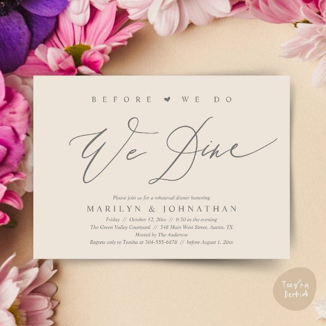 Convites Antes que o façamos, jantamos, Janto de ensaio de  (Before we do, we dine, Modern Wedding Rehearsal Romantic Dinner Invitation Card PDF Cream Grey)