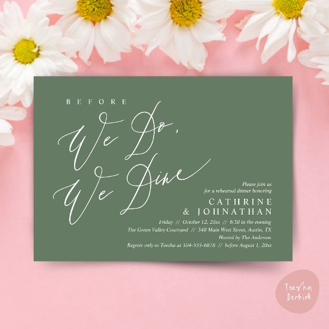 Convites Antes que o façamos, jantamos, Janto de ensaio de  (Before we do, we dine, Modern Wedding Rehearsal Romantic Dinner Invitation Card PDF Sage Green)