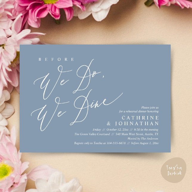 Convites Antes que o façamos, jantamos, Janto de ensaio de  (Before we do, we dine, Modern Wedding Rehearsal Romantic Dinner Invitation Card PDF Dusty Blue)