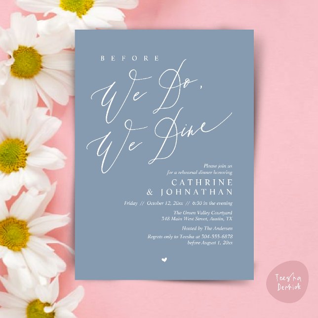 Convites Antes que o façamos, jantamos, Janto de ensaio de  (Before we do, we dine, Modern Wedding Rehearsal Romantic Dinner Invitation Card PDF Dusty Blue)